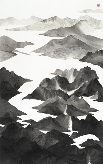 어떤 풍경 2021, 화선지에 먹,콩테,콜라주, 117×73cm